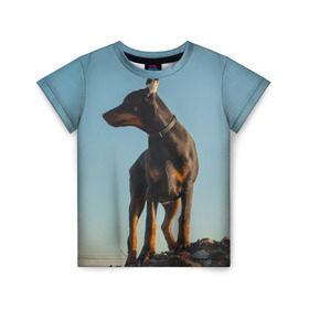 Детская футболка 3D с принтом Доберман в Белгороде, 100% гипоаллергенный полиэфир | прямой крой, круглый вырез горловины, длина до линии бедер, чуть спущенное плечо, ткань немного тянется | доберман | доберманы | пес | песик | псы | собака | собаки