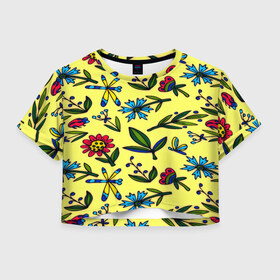 Женская футболка 3D укороченная с принтом Цветочки в Белгороде, 100% полиэстер | круглая горловина, длина футболки до линии талии, рукава с отворотами | желтый | паттерн | растительный