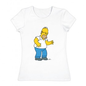 Женская футболка хлопок с принтом Гомер (Симпсоны) в Белгороде, 100% хлопок | прямой крой, круглый вырез горловины, длина до линии бедер, слегка спущенное плечо | 