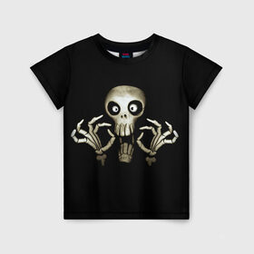 Детская футболка 3D с принтом Скeлетик в Белгороде, 100% гипоаллергенный полиэфир | прямой крой, круглый вырез горловины, длина до линии бедер, чуть спущенное плечо, ткань немного тянется | bones | halloween | skull в идеи подарков в хеллоуин | скелет | скелеты | хеллоиун | хэллоуин | хэлоуин | череп | черепа