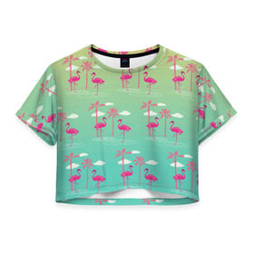 Женская футболка 3D укороченная с принтом Фламинго и пальмы в Белгороде, 100% полиэстер | круглая горловина, длина футболки до линии талии, рукава с отворотами | животные | мозаика | пальмы | птицы | тропики | узор | фауна | фламинго