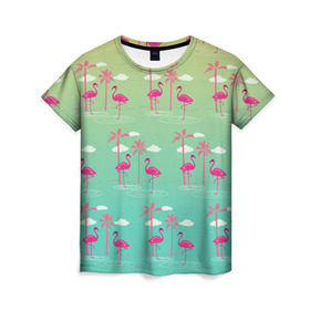 Женская футболка 3D с принтом Фламинго и пальмы в Белгороде, 100% полиэфир ( синтетическое хлопкоподобное полотно) | прямой крой, круглый вырез горловины, длина до линии бедер | животные | мозаика | пальмы | птицы | тропики | узор | фауна | фламинго