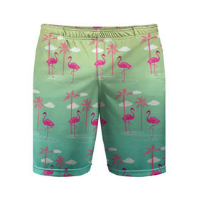 Мужские шорты 3D спортивные с принтом Фламинго и пальмы в Белгороде,  |  | животные | мозаика | пальмы | птицы | тропики | узор | фауна | фламинго