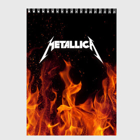 Скетчбук с принтом Metallica fire в Белгороде, 100% бумага
 | 48 листов, плотность листов — 100 г/м2, плотность картонной обложки — 250 г/м2. Листы скреплены сверху удобной пружинной спиралью | Тематика изображения на принте: металлика