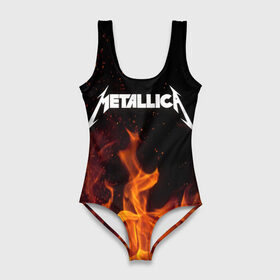 Купальник-боди 3D с принтом Metallica fire в Белгороде, 82% полиэстер, 18% эластан | Круглая горловина, круглый вырез на спине | металлика