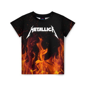 Детская футболка 3D с принтом Metallica fire в Белгороде, 100% гипоаллергенный полиэфир | прямой крой, круглый вырез горловины, длина до линии бедер, чуть спущенное плечо, ткань немного тянется | металлика