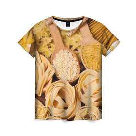 Женская футболка 3D с принтом Макарошки в Белгороде, 100% полиэфир ( синтетическое хлопкоподобное полотно) | прямой крой, круглый вырез горловины, длина до линии бедер | еда | макароны | текстуры | узоры