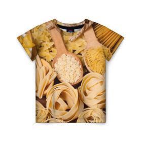 Детская футболка 3D с принтом Макарошки в Белгороде, 100% гипоаллергенный полиэфир | прямой крой, круглый вырез горловины, длина до линии бедер, чуть спущенное плечо, ткань немного тянется | еда | макароны | текстуры | узоры