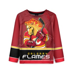 Детский лонгслив 3D с принтом Calgary Flames в Белгороде, 100% полиэстер | длинные рукава, круглый вырез горловины, полуприлегающий силуэт
 | Тематика изображения на принте: calgary flames | nhl | stanley cup | калгари флэймз | кубок стенли | кубок стэнли | нхл | флэймс | хоккей | хоккейный клуб