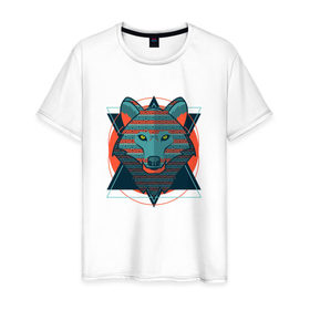 Мужская футболка хлопок с принтом Этно волк в Белгороде, 100% хлопок | прямой крой, круглый вырез горловины, длина до линии бедер, слегка спущенное плечо. | волк | геометрический рисунок | голова | животные | фауна | этно