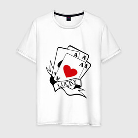 Мужская футболка хлопок с принтом Lucky в Белгороде, 100% хлопок | прямой крой, круглый вырез горловины, длина до линии бедер, слегка спущенное плечо. | Тематика изображения на принте: карты | покер | счастливчик | туз | удача