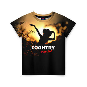 Детская футболка 3D с принтом Country music в Белгороде, 100% гипоаллергенный полиэфир | прямой крой, круглый вырез горловины, длина до линии бедер, чуть спущенное плечо, ткань немного тянется | country | music | девушка | кантри | ковбой | мелодия | музыка | шляпа