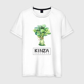 Мужская футболка хлопок с принтом KINZA в Белгороде, 100% хлопок | прямой крой, круглый вырез горловины, длина до линии бедер, слегка спущенное плечо. | Тематика изображения на принте: kenzo | kinza | антибренд | бренд | кензо | кинза | пародии