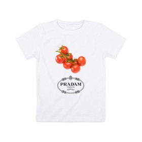 Детская футболка хлопок с принтом PRADAM в Белгороде, 100% хлопок | круглый вырез горловины, полуприлегающий силуэт, длина до линии бедер | Тематика изображения на принте: prada | pradam | антибренд | бренд | пародии | прада | прадам