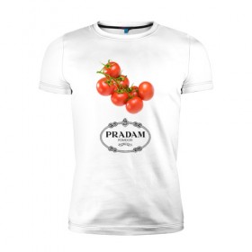 Мужская футболка премиум с принтом PRADAM в Белгороде, 92% хлопок, 8% лайкра | приталенный силуэт, круглый вырез ворота, длина до линии бедра, короткий рукав | prada | pradam | антибренд | бренд | пародии | прада | прадам