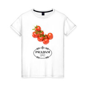Женская футболка хлопок с принтом PRADAM в Белгороде, 100% хлопок | прямой крой, круглый вырез горловины, длина до линии бедер, слегка спущенное плечо | prada | pradam | антибренд | бренд | пародии | прада | прадам