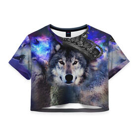 Женская футболка 3D укороченная с принтом King Wolf в Белгороде, 100% полиэстер | круглая горловина, длина футболки до линии талии, рукава с отворотами | животное | зверь | космос | природа волк | русь | славяне
