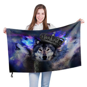 Флаг 3D с принтом King Wolf в Белгороде, 100% полиэстер | плотность ткани — 95 г/м2, размер — 67 х 109 см. Принт наносится с одной стороны | животное | зверь | космос | природа волк | русь | славяне