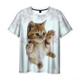 Мужская футболка 3D с принтом Котенок и снежинки в Белгороде, 100% полиэфир | прямой крой, круглый вырез горловины, длина до линии бедер | 2017 | котенок | милые создания | милый котенок | новый год | подарок на новый год | снежинки