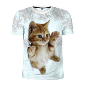 Мужская футболка 3D спортивная с принтом Котенок и снежинки в Белгороде, 100% полиэстер с улучшенными характеристиками | приталенный силуэт, круглая горловина, широкие плечи, сужается к линии бедра | 2017 | котенок | милые создания | милый котенок | новый год | подарок на новый год | снежинки