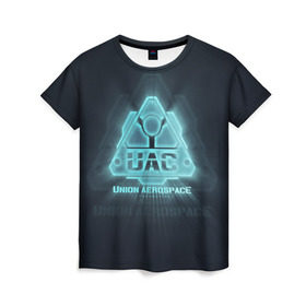 Женская футболка 3D с принтом Union Aerospace corporation в Белгороде, 100% полиэфир ( синтетическое хлопкоподобное полотно) | прямой крой, круглый вырез горловины, длина до линии бедер | doom | uac | дум | космос