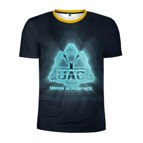 Мужская футболка 3D спортивная с принтом Union Aerospace corporation в Белгороде, 100% полиэстер с улучшенными характеристиками | приталенный силуэт, круглая горловина, широкие плечи, сужается к линии бедра | doom | uac | дум | космос