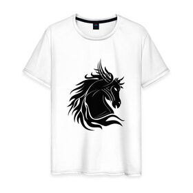 Мужская футболка хлопок с принтом Лошадь трайбл в Белгороде, 100% хлопок | прямой крой, круглый вырез горловины, длина до линии бедер, слегка спущенное плечо. | голова | животные | лошадь | трайбл | фауна