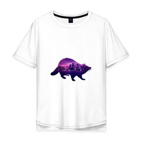 Мужская футболка хлопок Oversize с принтом енот город в Белгороде, 100% хлопок | свободный крой, круглый ворот, “спинка” длиннее передней части | вода | город | енот | залив | здания | огни | розовый | фиолетовый