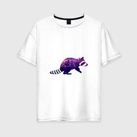 Женская футболка хлопок Oversize с принтом енот город в Белгороде, 100% хлопок | свободный крой, круглый ворот, спущенный рукав, длина до линии бедер
 | вода | город | енот | залив | здания | огни | розовый | фиолетовый
