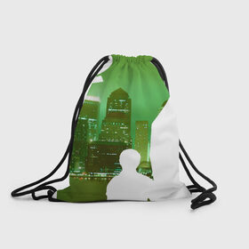 Рюкзак-мешок 3D с принтом зеленый фонарь город в Белгороде, 100% полиэстер | плотность ткани — 200 г/м2, размер — 35 х 45 см; лямки — толстые шнурки, застежка на шнуровке, без карманов и подкладки | Тематика изображения на принте: вода | город | залив | здания | зеленый | огни | розовый | супергерой | фиолетовый | фонарь