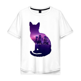Мужская футболка хлопок Oversize с принтом кошка город в Белгороде, 100% хлопок | свободный крой, круглый ворот, “спинка” длиннее передней части | вода | город | залив | здания | киса | кот | кошка | огни | розовый | фиолетовый