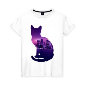 Женская футболка хлопок с принтом кошка город в Белгороде, 100% хлопок | прямой крой, круглый вырез горловины, длина до линии бедер, слегка спущенное плечо | вода | город | залив | здания | киса | кот | кошка | огни | розовый | фиолетовый