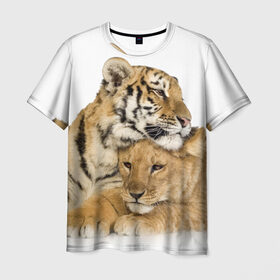 Мужская футболка 3D с принтом Тигр и львица в Белгороде, 100% полиэфир | прямой крой, круглый вырез горловины, длина до линии бедер | Тематика изображения на принте: дикие | милые | природа | тигр | яркие