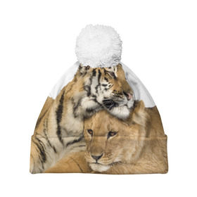 Шапка 3D c помпоном с принтом Тигр и львица в Белгороде, 100% полиэстер | универсальный размер, печать по всей поверхности изделия | Тематика изображения на принте: дикие | милые | природа | тигр | яркие