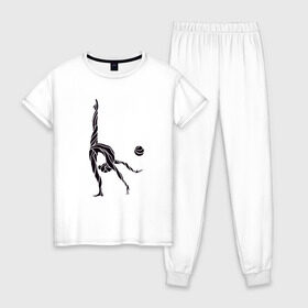Женская пижама хлопок с принтом Гимнастка с мячом в Белгороде, 100% хлопок | брюки и футболка прямого кроя, без карманов, на брюках мягкая резинка на поясе и по низу штанин | булавы | гимнастика | гимнастка | лента | мяч | обруч | художественная гимнастика