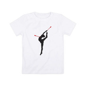 Детская футболка хлопок с принтом Гимнастка с булавами в Белгороде, 100% хлопок | круглый вырез горловины, полуприлегающий силуэт, длина до линии бедер | булавы | гимнастика | гимнастка | лента | мяч | обруч | художественная гимнастика