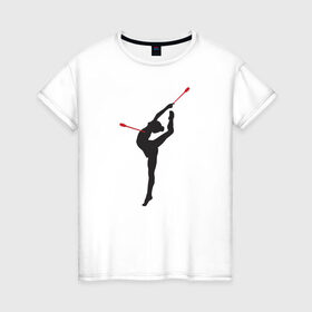 Женская футболка хлопок с принтом Гимнастка с булавами в Белгороде, 100% хлопок | прямой крой, круглый вырез горловины, длина до линии бедер, слегка спущенное плечо | булавы | гимнастика | гимнастка | лента | мяч | обруч | художественная гимнастика