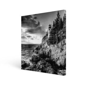 Холст квадратный с принтом Маяк в Белгороде, 100% ПВХ |  | black   white | forest | lighthouse | photo | rocks | sea | shore | spruce | sunset | waves | берег | волны | ельник | закат | камни | лес | маяк | море