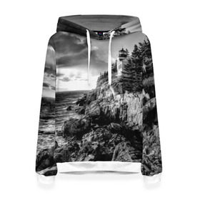 Женская толстовка 3D с принтом Маяк в Белгороде, 100% полиэстер  | двухслойный капюшон со шнурком для регулировки, мягкие манжеты на рукавах и по низу толстовки, спереди карман-кенгуру с мягким внутренним слоем. | black   white | forest | lighthouse | photo | rocks | sea | shore | spruce | sunset | waves | берег | волны | ельник | закат | камни | лес | маяк | море