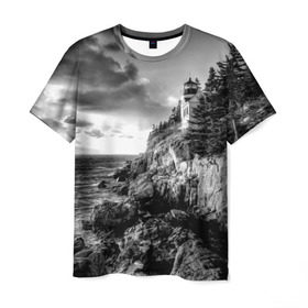 Мужская футболка 3D с принтом Маяк в Белгороде, 100% полиэфир | прямой крой, круглый вырез горловины, длина до линии бедер | Тематика изображения на принте: black   white | forest | lighthouse | photo | rocks | sea | shore | spruce | sunset | waves | берег | волны | ельник | закат | камни | лес | маяк | море