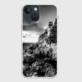 Чехол для iPhone 13 mini с принтом Маяк в Белгороде,  |  | black   white | forest | lighthouse | photo | rocks | sea | shore | spruce | sunset | waves | берег | волны | ельник | закат | камни | лес | маяк | море