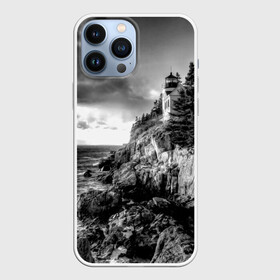 Чехол для iPhone 13 Pro Max с принтом Маяк в Белгороде,  |  | black   white | forest | lighthouse | photo | rocks | sea | shore | spruce | sunset | waves | берег | волны | ельник | закат | камни | лес | маяк | море