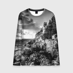 Мужской лонгслив 3D с принтом Маяк в Белгороде, 100% полиэстер | длинные рукава, круглый вырез горловины, полуприлегающий силуэт | black   white | forest | lighthouse | photo | rocks | sea | shore | spruce | sunset | waves | берег | волны | ельник | закат | камни | лес | маяк | море