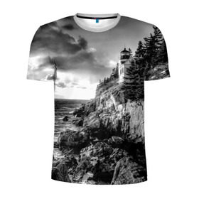 Мужская футболка 3D спортивная с принтом Маяк в Белгороде, 100% полиэстер с улучшенными характеристиками | приталенный силуэт, круглая горловина, широкие плечи, сужается к линии бедра | Тематика изображения на принте: black   white | forest | lighthouse | photo | rocks | sea | shore | spruce | sunset | waves | берег | волны | ельник | закат | камни | лес | маяк | море