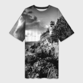 Платье-футболка 3D с принтом Маяк в Белгороде,  |  | black   white | forest | lighthouse | photo | rocks | sea | shore | spruce | sunset | waves | берег | волны | ельник | закат | камни | лес | маяк | море