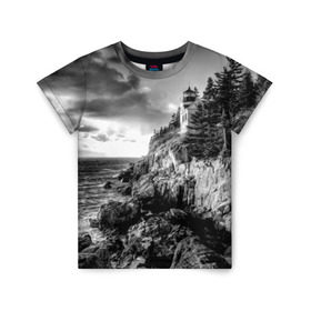 Детская футболка 3D с принтом Маяк в Белгороде, 100% гипоаллергенный полиэфир | прямой крой, круглый вырез горловины, длина до линии бедер, чуть спущенное плечо, ткань немного тянется | black   white | forest | lighthouse | photo | rocks | sea | shore | spruce | sunset | waves | берег | волны | ельник | закат | камни | лес | маяк | море