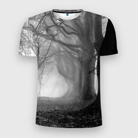 Мужская футболка 3D спортивная с принтом Туман в лесу в Белгороде, 100% полиэстер с улучшенными характеристиками | приталенный силуэт, круглая горловина, широкие плечи, сужается к линии бедра | Тематика изображения на принте: black   white | fog | forest | morning | photo | silhouette | trees | деревья | лес | силуэт | туман | утро | фото | черно   белое