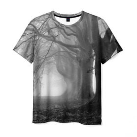 Мужская футболка 3D с принтом Туман в лесу в Белгороде, 100% полиэфир | прямой крой, круглый вырез горловины, длина до линии бедер | black   white | fog | forest | morning | photo | silhouette | trees | деревья | лес | силуэт | туман | утро | фото | черно   белое