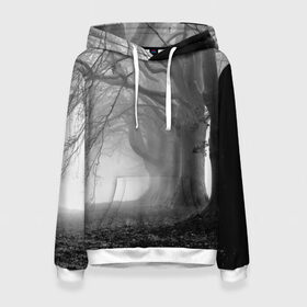 Женская толстовка 3D с принтом Туман в лесу в Белгороде, 100% полиэстер  | двухслойный капюшон со шнурком для регулировки, мягкие манжеты на рукавах и по низу толстовки, спереди карман-кенгуру с мягким внутренним слоем. | black   white | fog | forest | morning | photo | silhouette | trees | деревья | лес | силуэт | туман | утро | фото | черно   белое