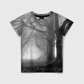 Детская футболка 3D с принтом Туман в лесу в Белгороде, 100% гипоаллергенный полиэфир | прямой крой, круглый вырез горловины, длина до линии бедер, чуть спущенное плечо, ткань немного тянется | black   white | fog | forest | morning | photo | silhouette | trees | деревья | лес | силуэт | туман | утро | фото | черно   белое